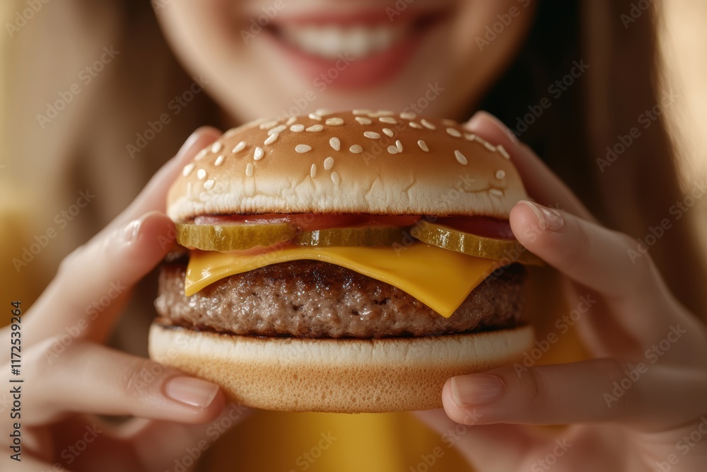 A person holding a hamburger on yellow background