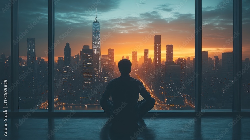 Man meditates at sunrise, overlooking NYC skyline. Man meditates at sunrise, overlooking NYC skyline.