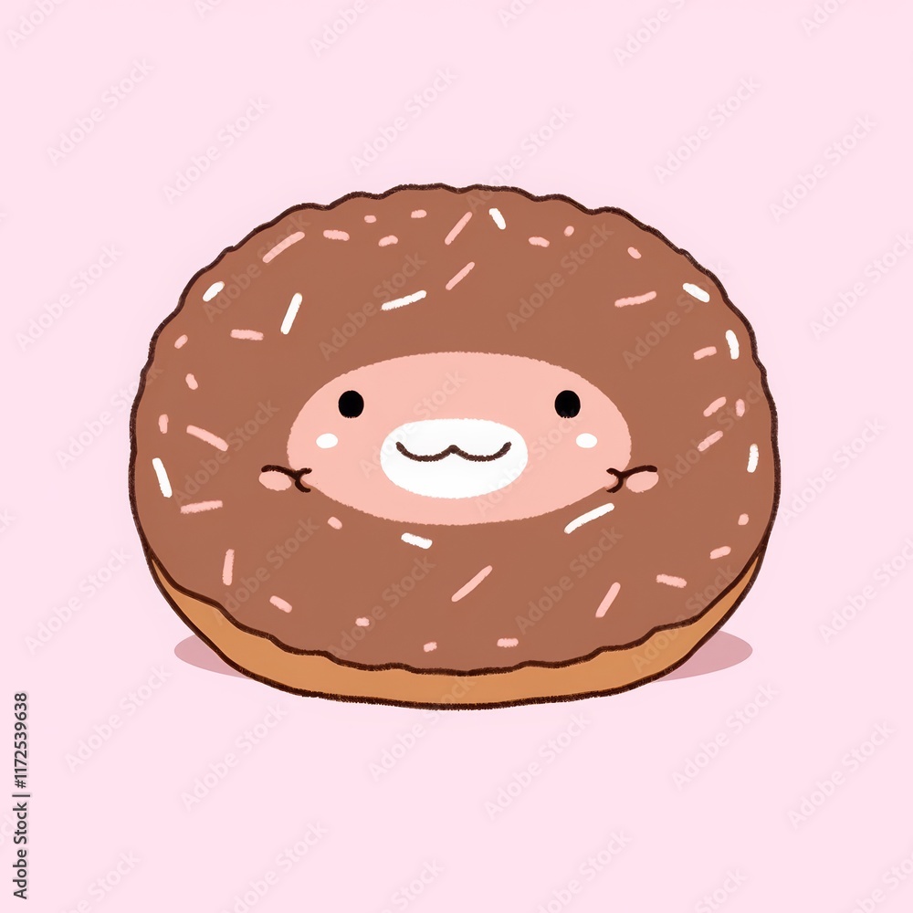 A cute, cartoonish donut character with a smiling face and chocolate frosting, set against a soft pink background. A cute, cartoonish donut character with a smiling face and chocolate frosting, set against a soft pink background.