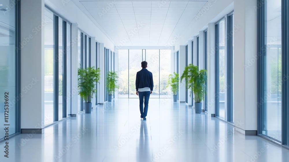 Person Walking Through Bright Corporate Hallway With Large Glass Windows Person Walking Through Bright Corporate Hallway With Large Glass Windows
