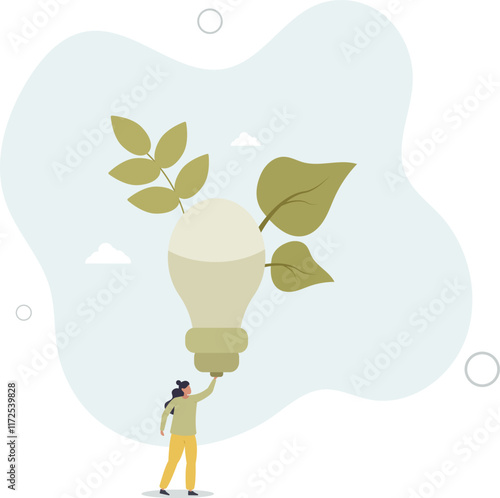 woman holding an economical light bulb. concept of saving energy consumption.flat characters.