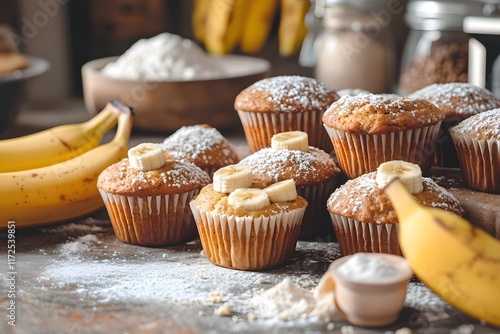 Zoom on banana muffins surrounded by baking essentials and ingredients on a cozy kitchen counter photo