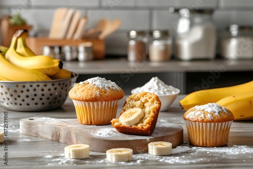 Zoom on banana muffins surrounded by baking essentials and ingredients on a cozy kitchen counter photo