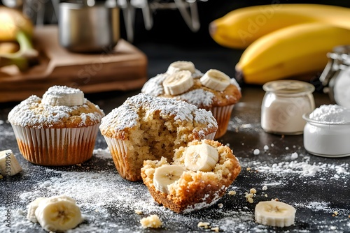 Zoom on banana muffins surrounded by baking essentials and ingredients on a cozy kitchen counter photo