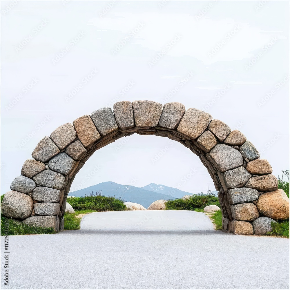 Fototapeta premium Stone archway leading to scenic mountain view, white isolate background.