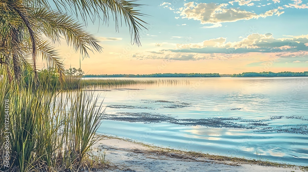 Serene Lakeside Panorama: A breathtaking view of a tranquil lake, framed by gently swaying palm trees and vibrant grasses, under a sky painted with soft clouds. Serene Lakeside Panorama: A breathtaking view of a tranquil lake, framed by gently swaying palm trees and vibrant grasses, under a sky painted with soft clouds.