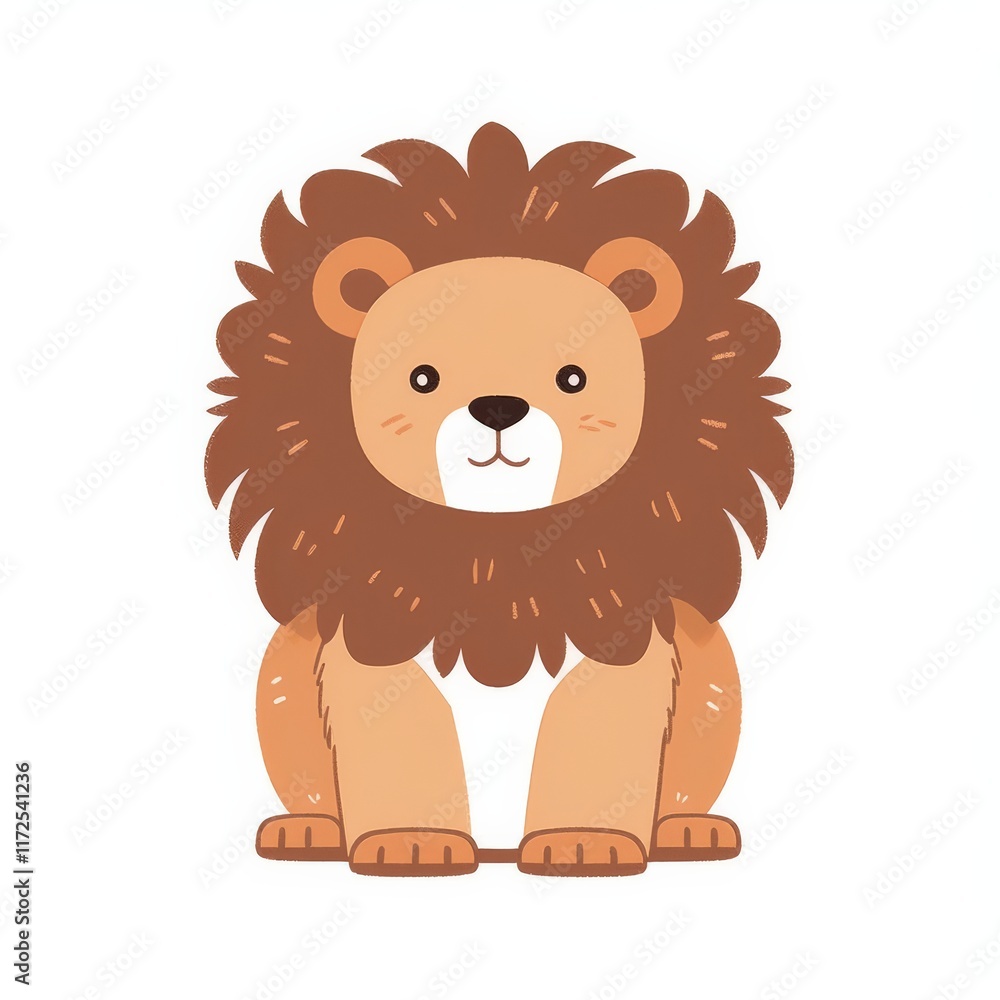 Fototapeta premium A cute, cartoon-style lion with a fluffy mane, sitting and looking friendly.