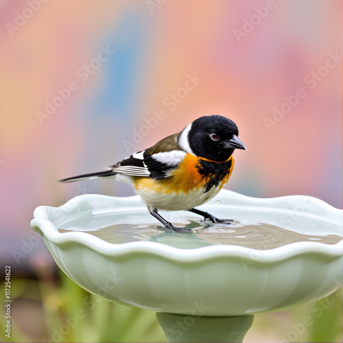 Grosbeak bathing in birdbath with colorful background photo