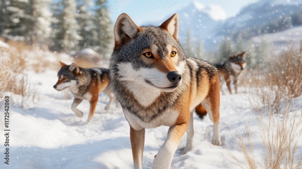 Naklejka premium Three wolves walking in a snowy landscape with mountains in the background.