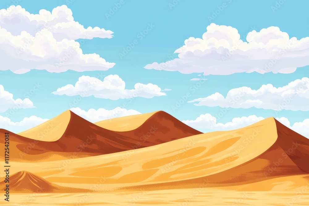 Vast desert landscape features rolling dunes under bright blue s Vast desert landscape features rolling dunes under bright blue s