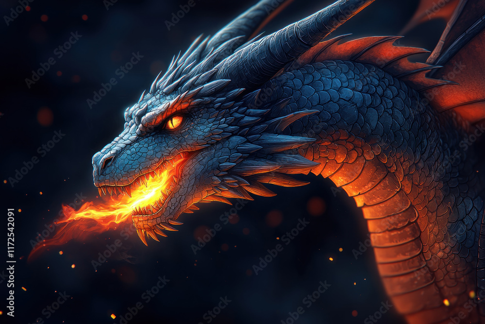 Blue dragon breathing fire in dark, fiery background. Fantasy art