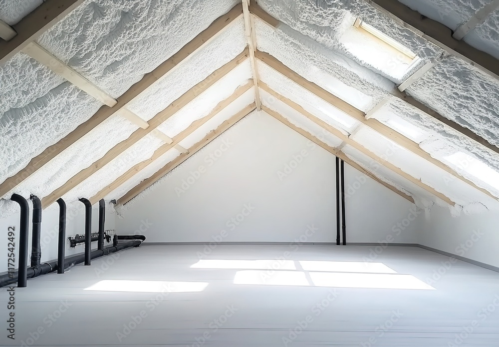 Obraz premium A photograph of an attic with polystyrene foam pouring from the roof, white and wooden beams visible, an empty room without furniture, white walls, no windows, a small air conditioner on the wall,