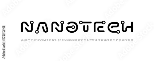 Font digital cyber alphabet with ring, trendy black letters A, B, C, D, E, F, G, H, I, J, K, L, M, N, O, P, Q, R, S, T, U, V, W, X, Y, Z and numerals 0, 1, 2, 3, 4, 5, 6, 7, 8, 9.