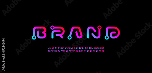 Font digital cyber alphabet with ring, trendy bright letters A, B, C, D, E, F, G, H, I, J, K, L, M, N, O, P, Q, R, S, T, U, V, W, X, Y, Z and numerals 0, 1, 2, 3, 4, 5, 6, 7, 8, 9.