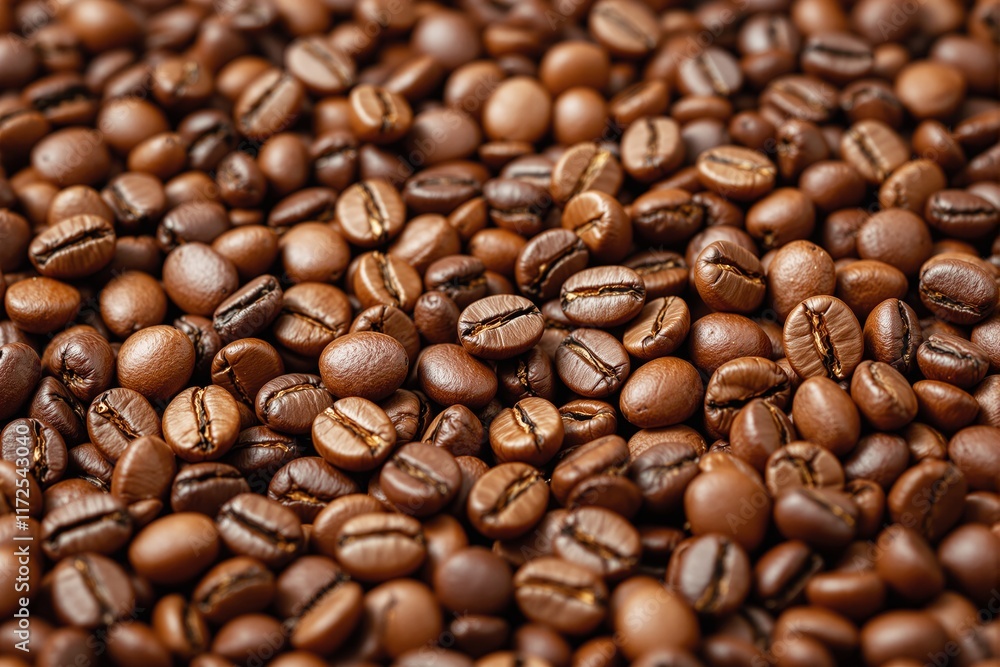 Fototapeta premium Close-up image of roasted coffee beans, showcasing texture and details, in natural brown tones, on a seamless background. Concept of aroma. Ai generative
