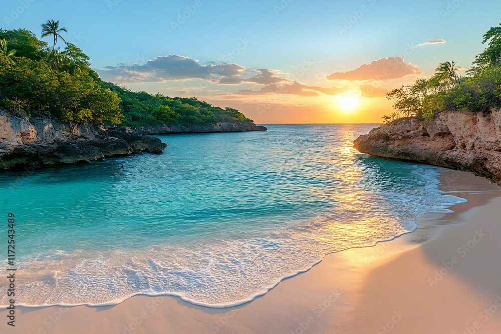 Obraz premium Sunset over tropical beach cove with turquoise water, white sand, and lush greenery.