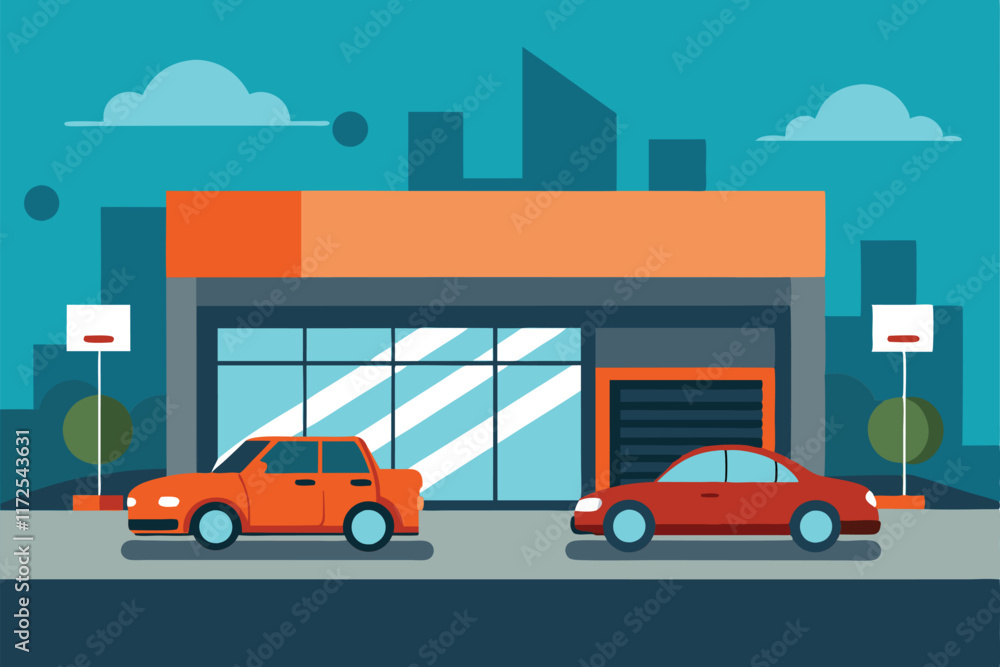 Fototapeta premium Two cars are parked in front of a contemporary auto shop with large windows, under a clear blue sky, A minimalist approach to capturing the essence of a car showroom