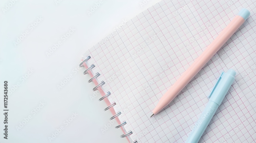 Organized and Minimalist Office Desk with Notebook and Pencils on Graph Paper Background Organized and Minimalist Office Desk with Notebook and Pencils on Graph Paper Background