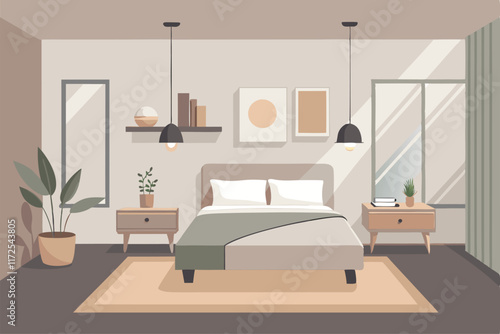 The cozy bedroom features a simple design with a neutral palette, highlighting comfort and tranquility, A minimalist bedroom with a neutral color palette and lots of natural light