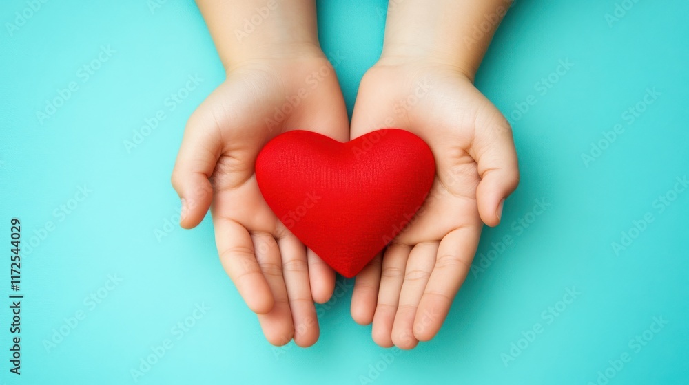 Hands holding a red heart on a blue background, symbolizing love.