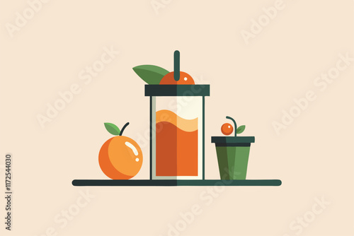 Freshly prepared juice is displayed alongside oranges and a small plant in a sleek, minimalist layout, A minimalist design for a juice bar, minimalist simple modern vector logo design