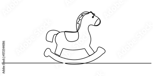 Continuous one line drawing of rocking horse kid toy. Horse toy outline vector illustration. Editable stroke, One continuous line drawing of retro old vintage wooden horse toy. Classic toy kids pro. 