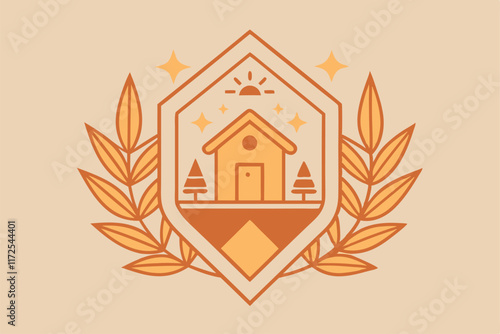 This emblem showcases a stylized house surrounded by trees, symbolizing harmonious living with nature, A minimalist emblem that symbolizes the beauty and functionality of well-crafted home goods