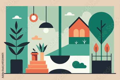 This graphic conveys tranquility through a balance of shapes, plants, and a peaceful structure amidst nature, A minimalist graphic symbolizing the harmony between indoor and outdoor spaces