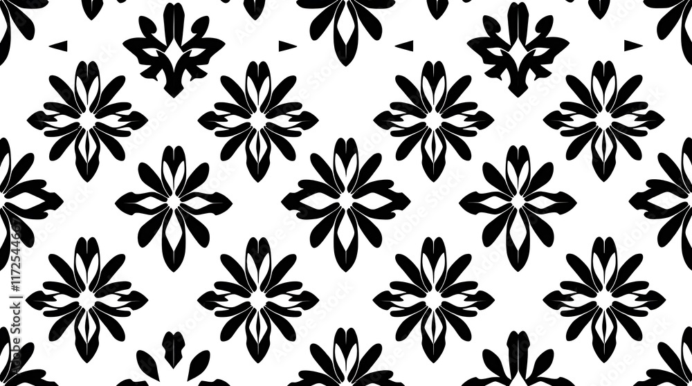 Abstract Black and White Floral Pattern: A timeless and elegant repeating pattern of stylized black floral motifs on a white background. Abstract Black and White Floral Pattern: A timeless and elegant repeating pattern of stylized black floral motifs on a white background.