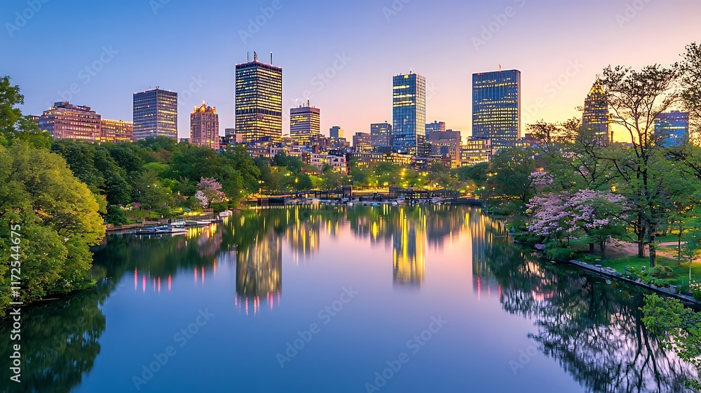 Naklejka premium Boston Skyline at Dawn: The Boston skyline reflects beautifully in the calm waters of a lagoon, framed by lush green trees and the soft glow of dawn.