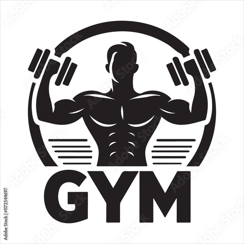 Gym man logo silhouette vector. Gym logo icon. Muscular bodybuilder with dumbbells exercising silhouette illustration on a white background