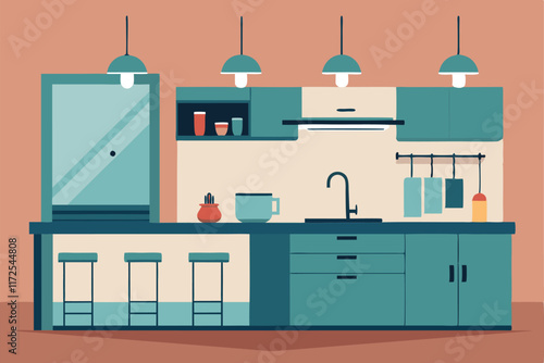 This kitchen showcases minimalist design with sleek countertops, organized utensils, and stylish lighting, A minimalist kitchen with sleek countertops and minimalist cabinetry