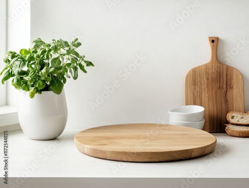 A wooden board with a potted herb plant and white dishes on a kitchen counter. photo