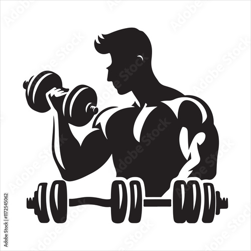 Gym man logo silhouette vector. Gym logo icon. Muscular bodybuilder with dumbbells exercising silhouette illustration on a white background