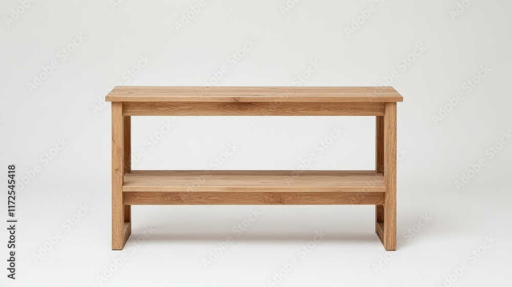 Minimalist wooden console table with two shelves for versatile home decor arrangements. Minimalist wooden console table with two shelves for versatile home decor arrangements.