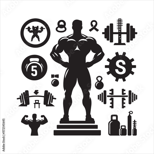 Gym man logo silhouette vector. Gym logo icon. Muscular bodybuilder with dumbbells exercising silhouette illustration on a white background