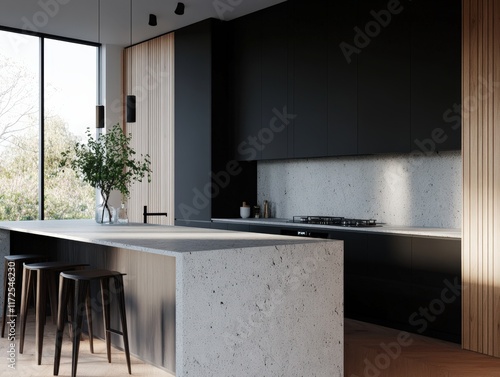 Modern kitchen design with sleek marble countertops and minimalist decor, enhancing elegance. photo