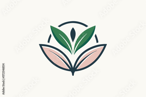 A clean, minimalist logo featuring leaves, representing a vegan makeup brand focused on eco-friendly beauty, A minimalist logo for a vegan makeup brand showcasing a minimalist leaf motif