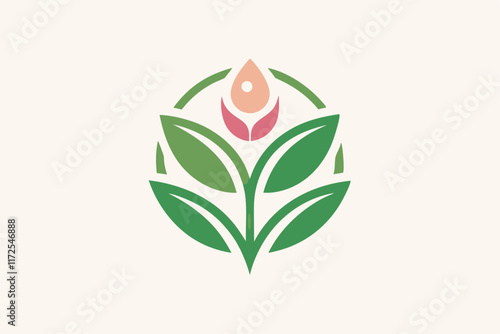 A unique minimalist logo represents a vegan makeup brand, featuring leaves and a flower in soft colors, A minimalist logo for a vegan makeup brand showcasing a minimalist leaf motif