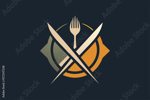 A minimalist logo shows a fork and knife in a sleek design, suitable for restaurants or culinary businesses, A minimalist logo incorporating a stylized fork and knife in a clever and creative way