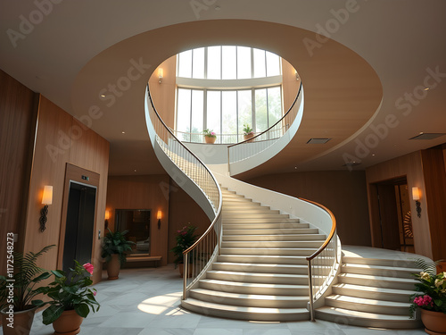 A spiral staircase leads to the second floor of a building photo