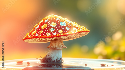 A mushroom with a diamond pattern on it is floating in a pond photo