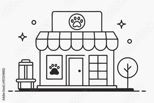 A simple outline illustration shows a charming pet store front with a sign and tree details, A minimalist outline of a pet store front, minimalist simple modern vector logo design