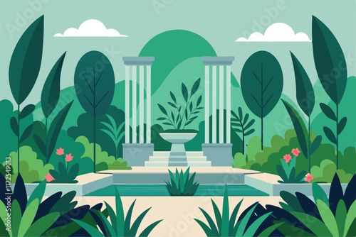 This garden features tall columns, a flowing fountain, vibrant plants, and a peaceful, natural ambiance, A minimalist representation of a lush, flourishing garden in a sleek, contemporary design