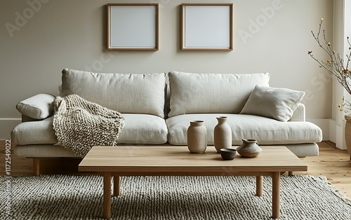 Modern beige sofa in living room, wooden coffee table, minimalist decor. photo