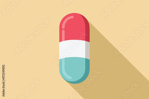 A stylized pill capsule displays a vibrant red, white, and turquoise color combination against a soft background, A minimalist representation of a pill capsule for a pharmacy's branding