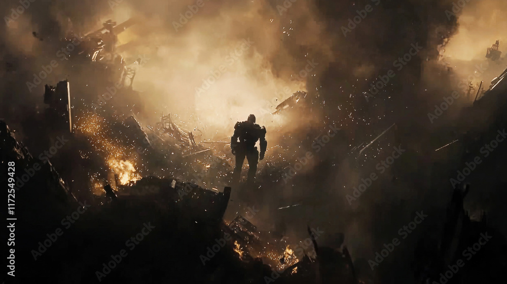 Obraz premium A mech pilot emerges from their towering machine on a chaotic battlefield, surrounded by smoke and glowing remnants of destroyed robots. The scene captures the intensity and aftermath of combat.