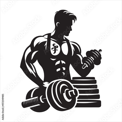 Gym man logo silhouette vector. Gym logo icon. Muscular bodybuilder with dumbbells exercising silhouette illustration on a white background