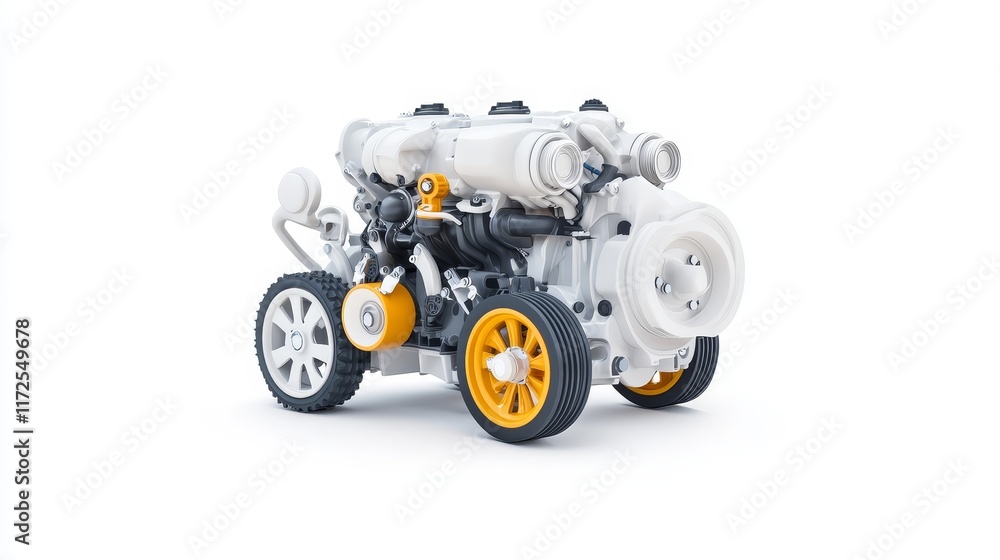 Fototapeta premium Detailed Model Engine Representation Featuring Bright Yellow Accents and Realistic Components on a Pure White Background for Automotive Use and Design.