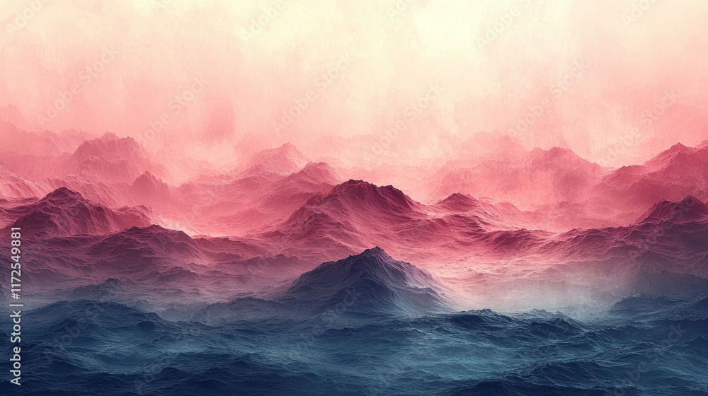 Pink sky over misty blue mountain range at sunrise Pink sky over misty blue mountain range at sunrise